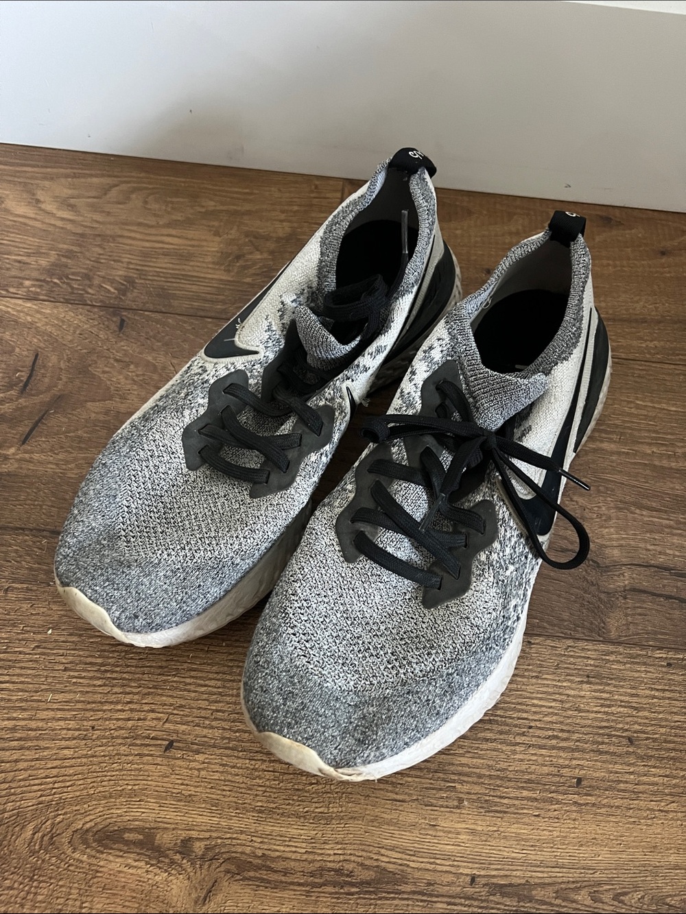 Nike White and Gray Epic React Knit Running Shoes with Black Accents